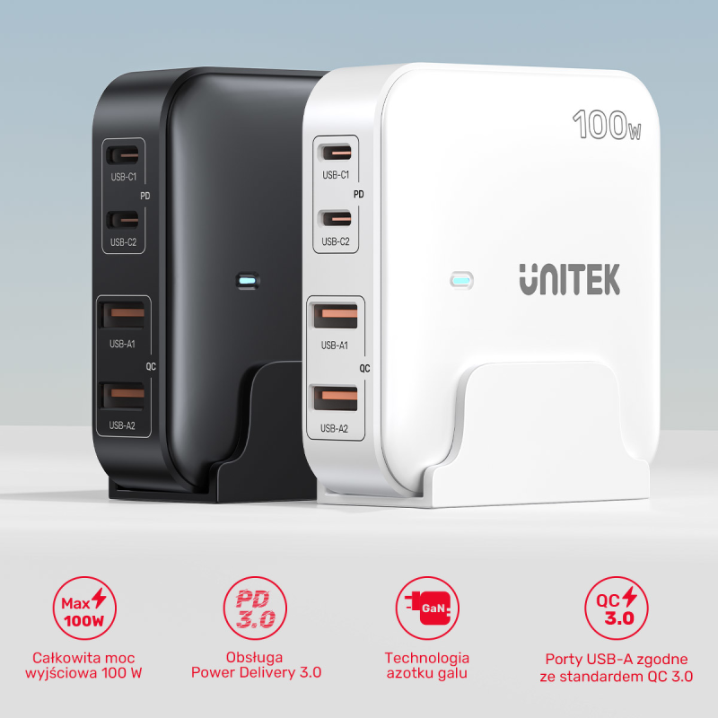 Unitek Ładowarka biurkowa GaN 100W 2xUSB-A 2xUSB-C | PartsPC.pl