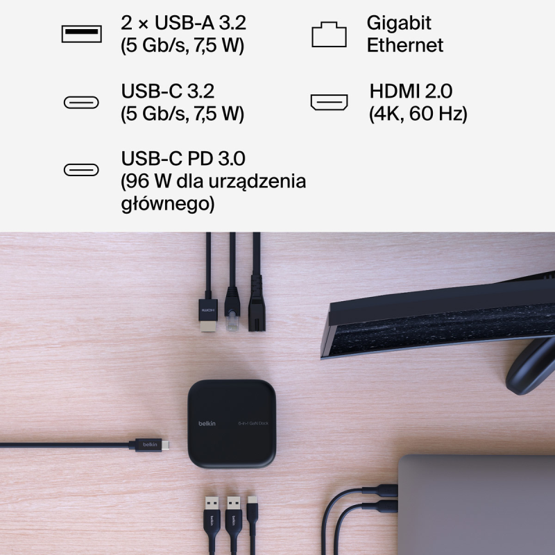 Belkin Stacja dokująca 6w1, GaN PD 130W, 2x USB-A... | PartsPC.pl