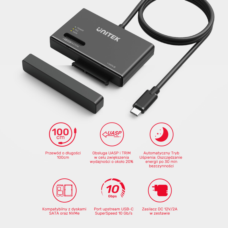Unitek Mostek USB-C na dyski SATA i M.2 MVMe | PartsPC.pl