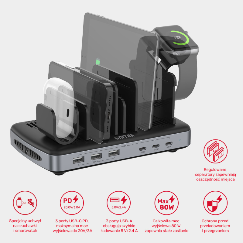 Unitek Stacja ładująca 3 x USB-A 20W, 3 x USB-C PD 60W... | PartsPC.pl