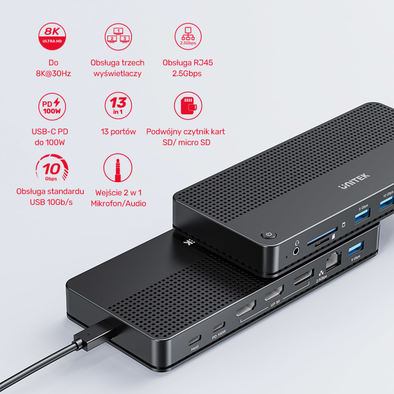 Unitek Stacja dokująca 13w1 MST HDMI DP 8K PD 100W | PartsPC.pl