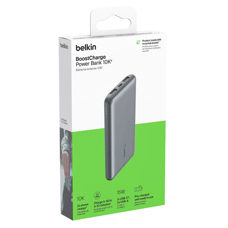 Belkin Powerbank 10 000 mAh, 2x USB-A, USB-C 15W, szary | PartsPC.pl