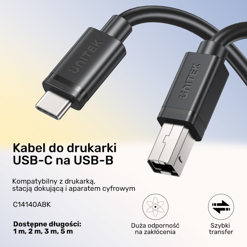 Unitek kabel do drukarki USB C na USB B 2.0 czarny 1m | PartsPC.pl