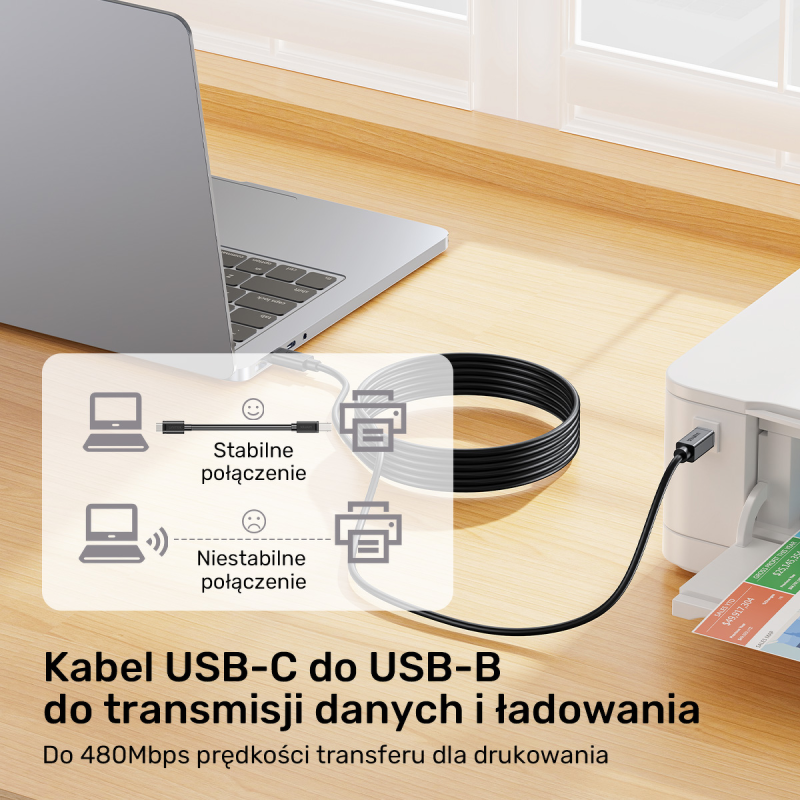 Unitek kabel do drukarki USB C na USB B 2.0 czarny 1m | PartsPC.pl