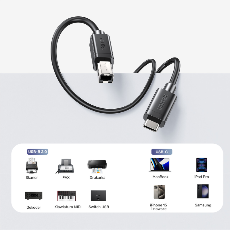 Unitek kabel do drukarki USB C na USB B 2.0 czarny 3m | PartsPC.pl