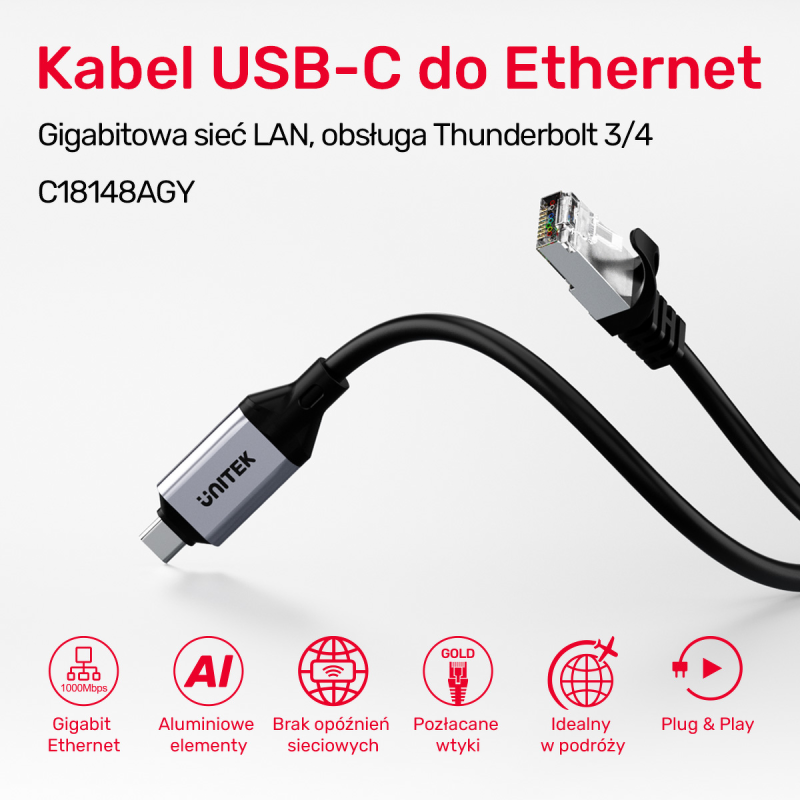 Unitek Kabel Ethernet USB C RJ-45 LAN, przewód sieciowy... | PartsPC.pl