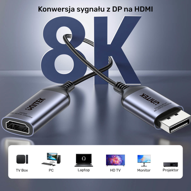 Unitek Przejściówka z DisplayPort 1.4 na HDMI 2.1, 8K60Hz | PartsPC.pl