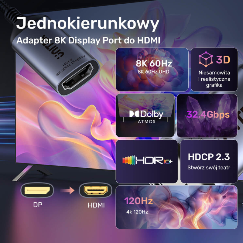 Unitek Przejściówka z DisplayPort 1.4 na HDMI 2.1, 8K60Hz | PartsPC.pl