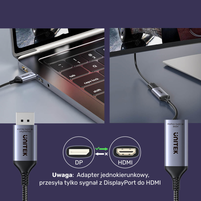 Unitek Przejściówka z DisplayPort 1.4 na HDMI 2.1, 8K60Hz | PartsPC.pl