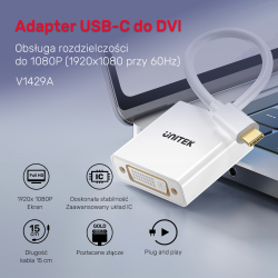 Unitek Adapter USB-C na DVI 1080P@60Hz, biały, 15cm | PartsPC.pl