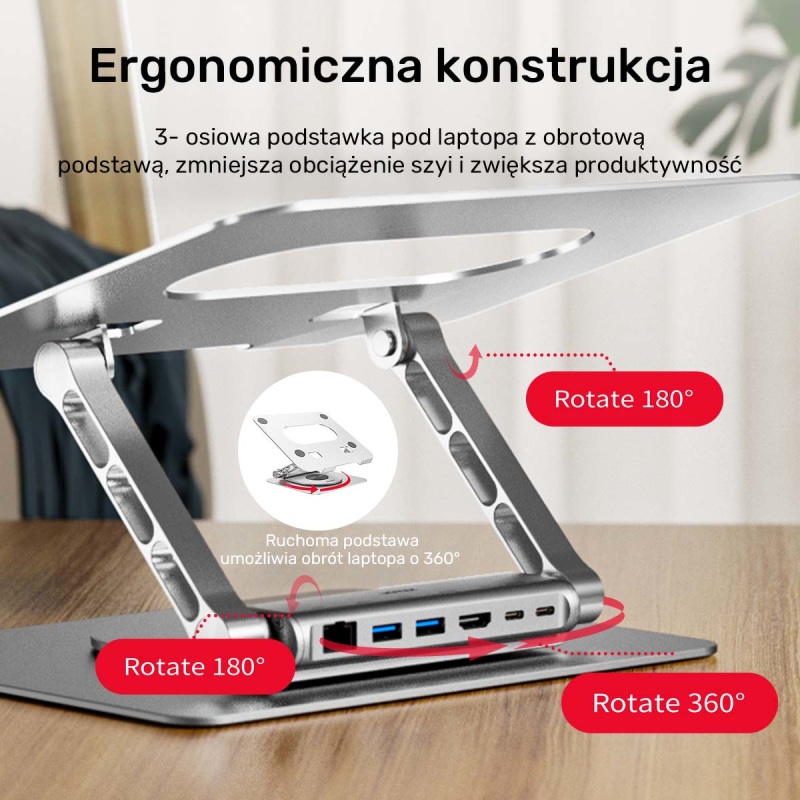 Unitek Podstawka pod laptop z odłączanym hubem USB-C HDMI 1,4, 4K PD 100W