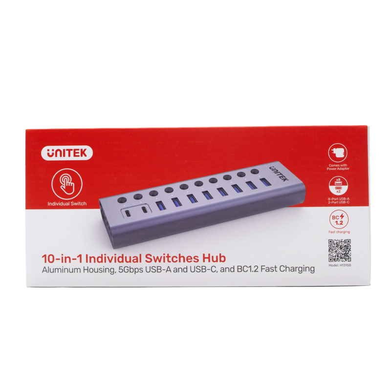 Unitek Hub USB C/USB A 10w1 5Gbps, 8x USB A, 2x USB C z włącznikami portów