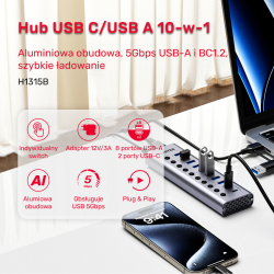 Unitek Hub USB C/USB A 10w1 5Gbps, 8x USB A, 2x USB C z włącznikami portów