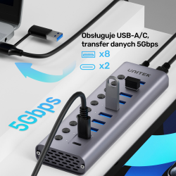 Unitek Hub USB C/USB A 10w1 5Gbps, 8x USB A, 2x USB C z włącznikami portów