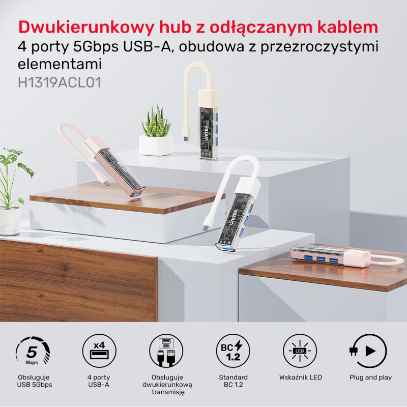 Unitek hub dwukierunkowy USB C/USB A 5Gbps, 4x USB A... | PartsPC.pl