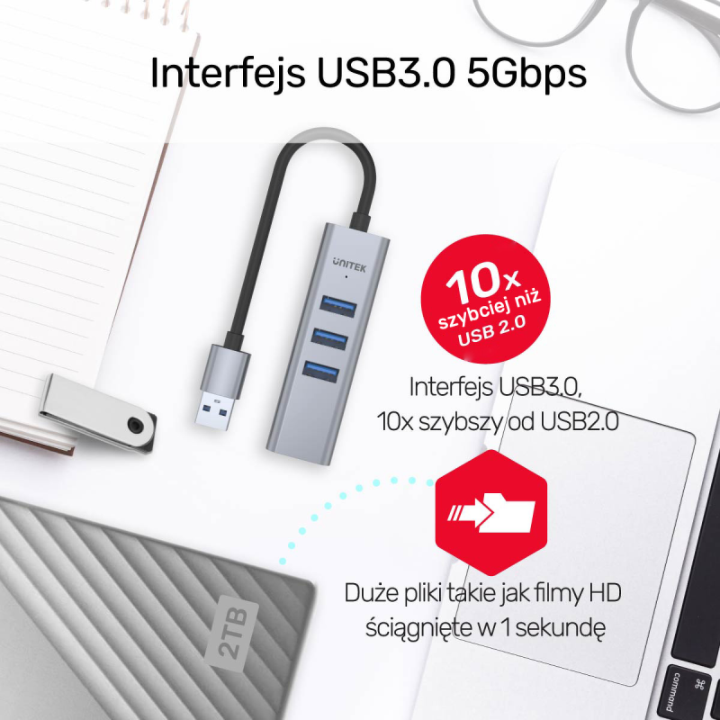 Unitek Hub USB C 4w1 Ethernet 3 x USB A 5 Gbps z... | PartsPC.pl