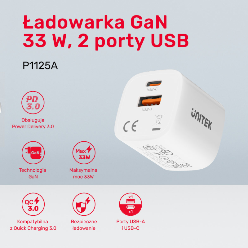 Unitek Ładowarka sieciowa 1x USB-A 1x USB-C QC PC 3.0... | PartsPC.pl