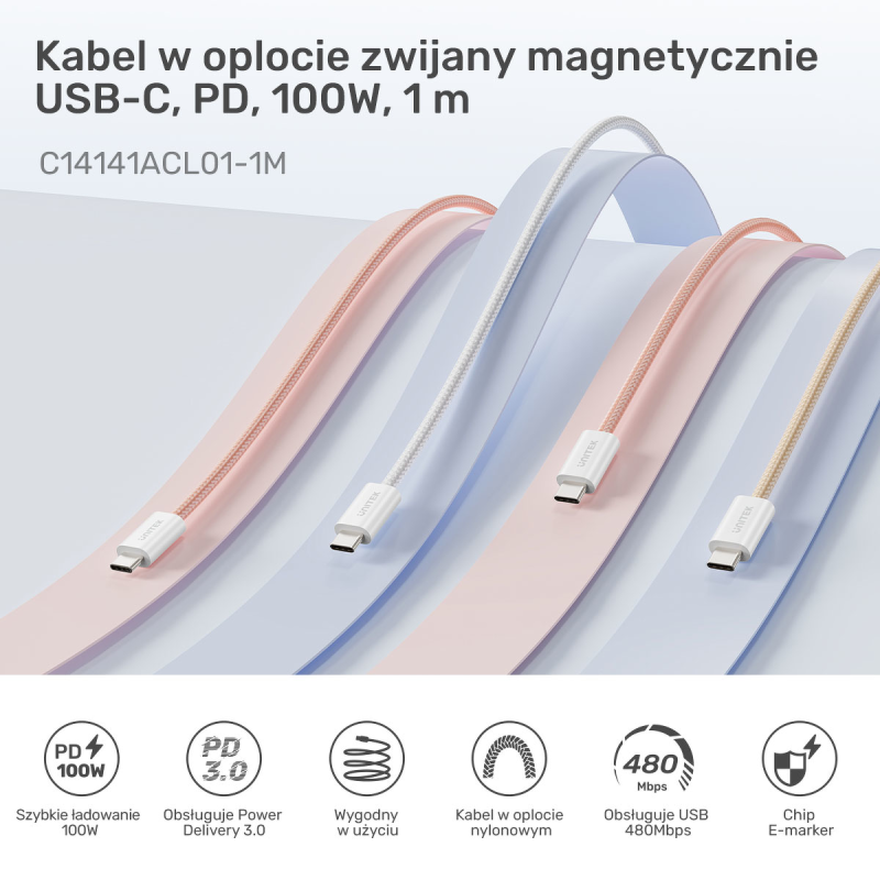 Unitek Kabel w oplocie zwijany magnetycznie USB C PD... | PartsPC.pl