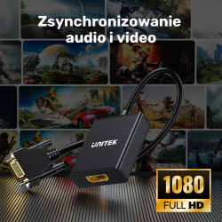 Unitek Adapter VGA na HDMI FullHD czarny 15cm | PartsPC.pl