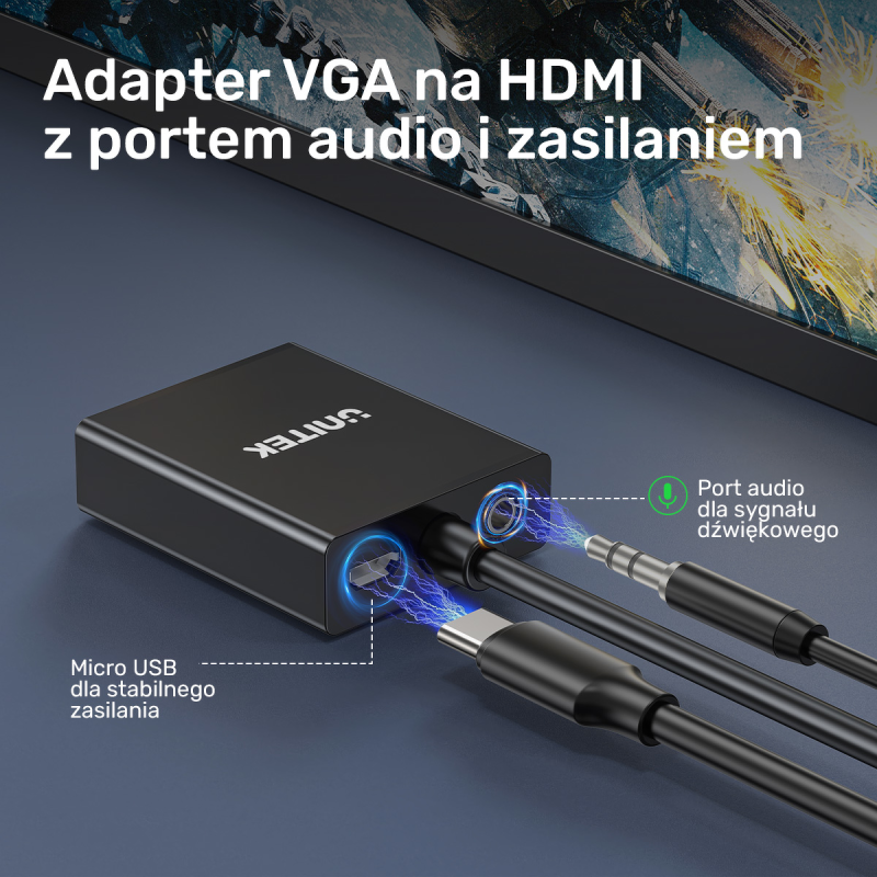 Unitek Adapter VGA na HDMI FullHD czarny 15cm | PartsPC.pl