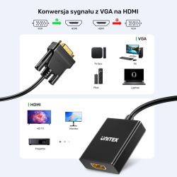 Unitek Adapter VGA na HDMI FullHD czarny 15cm | PartsPC.pl