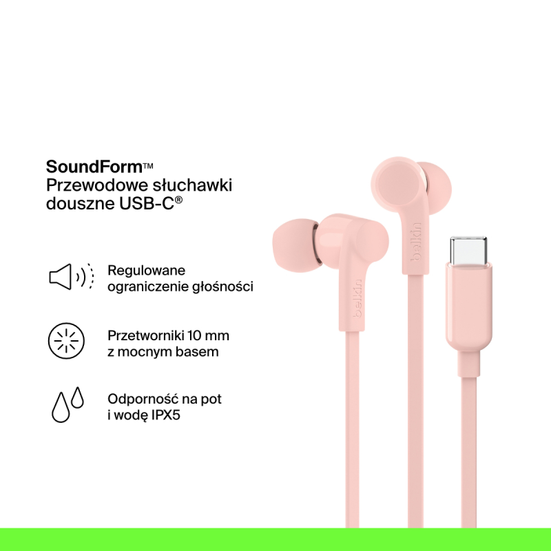 Belkin Przewodowe słuchawki douszne USB-C, różowe | PartsPC.pl