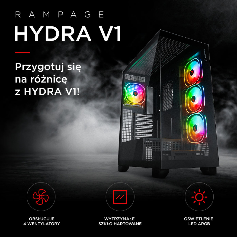 Rampage Hydra V1 Obudowa PC 4x wentylator USB C/USB A... | PartsPC.pl
