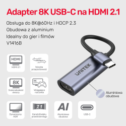 Unitek Adapter USB-C na HDMI 2.1 (8K 60Hz) szary 15cm | PartsPC.pl