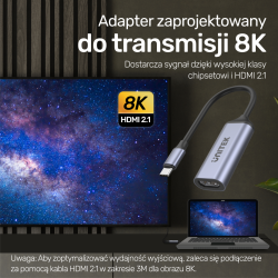 Unitek Adapter USB-C na HDMI 2.1 (8K 60Hz) szary 15cm | PartsPC.pl