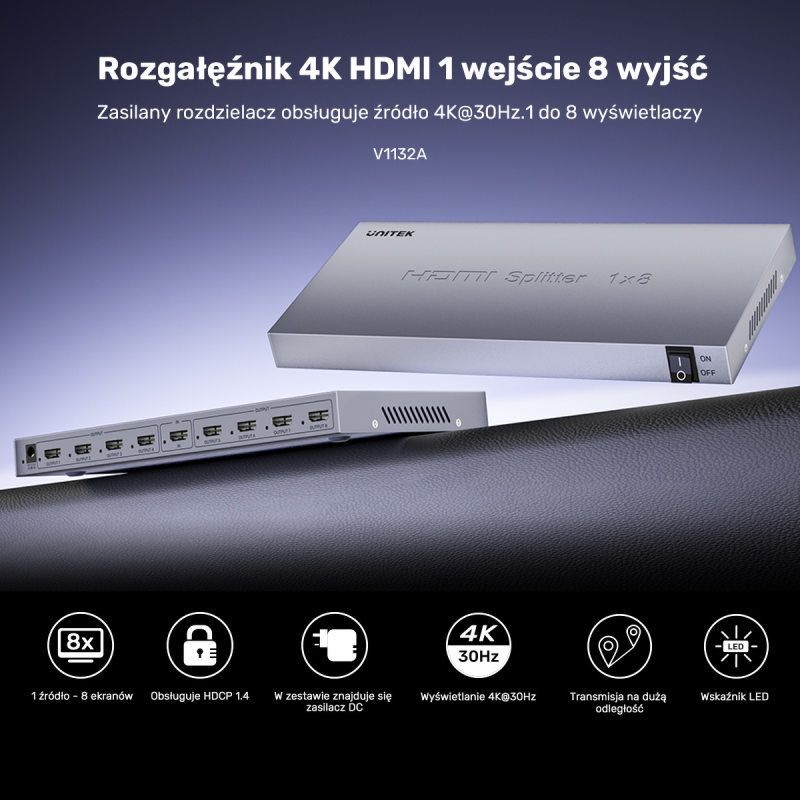 Unitek Rozgałęźnik sygnału HDMI 1 IN-8 OUT 4K | PartsPC.pl