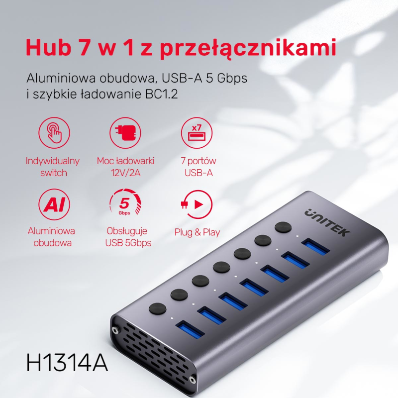 Unitek Hub USB A 3.0 7w1, 5Gbps z przełącznikami portów | PartsPC.pl