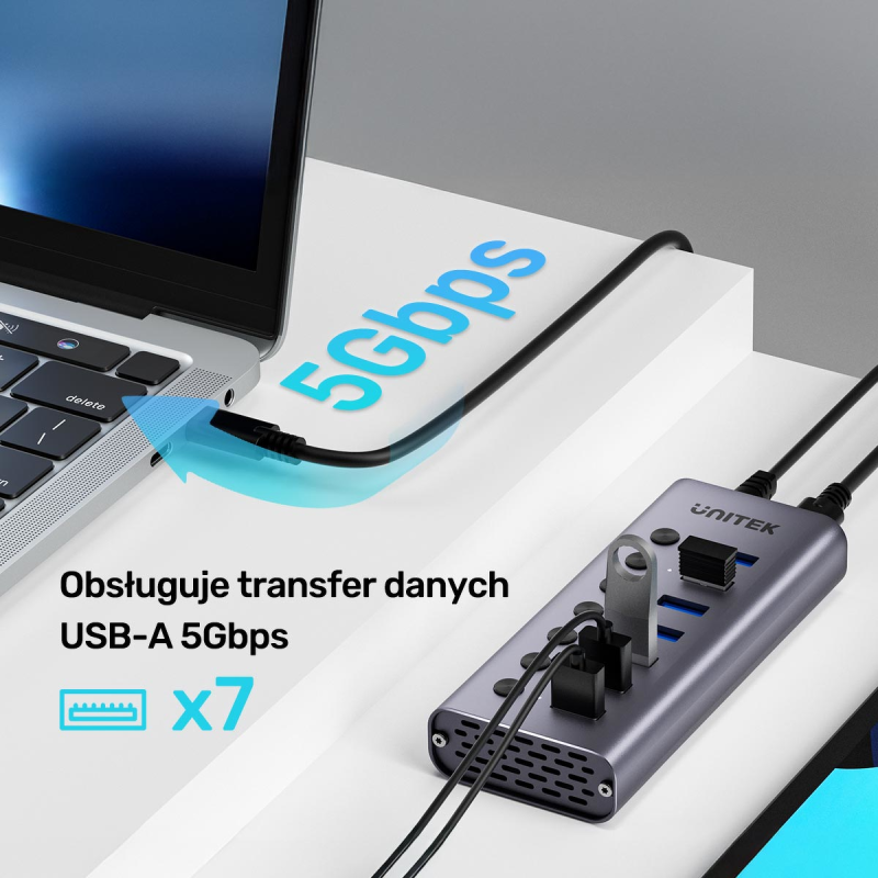 Unitek Hub USB A 3.0 7w1, 5Gbps z przełącznikami portów | PartsPC.pl