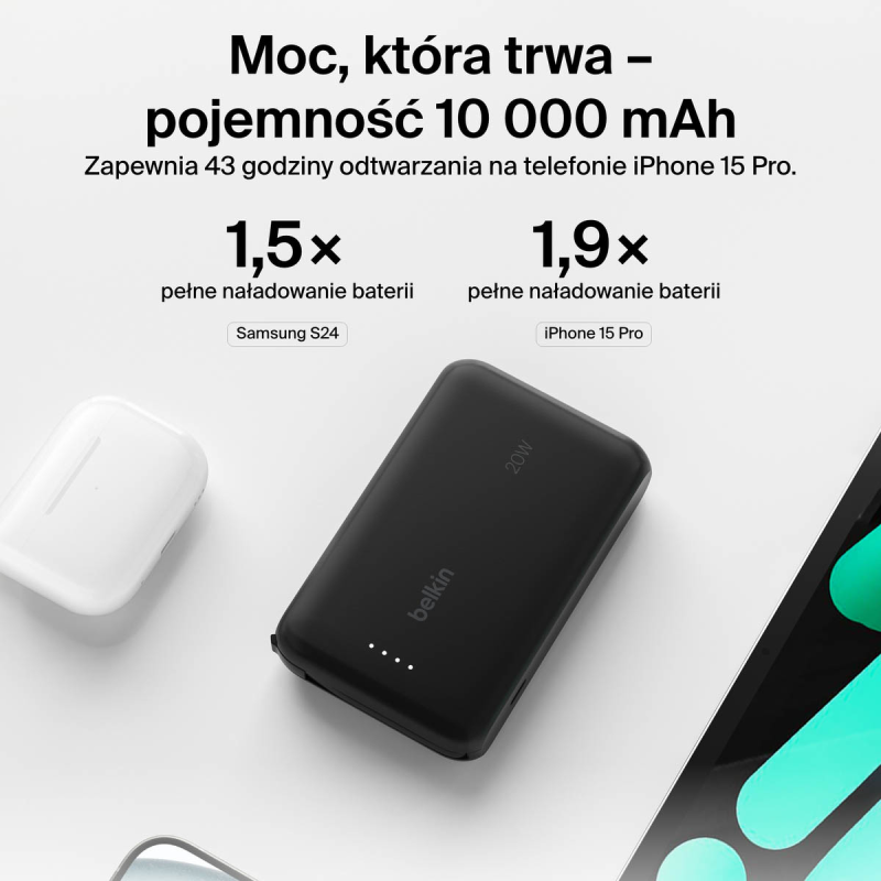 Belkin Powerbank 10 000 mAh, 20W, wbudowany kabel USB-C... | PartsPC.pl