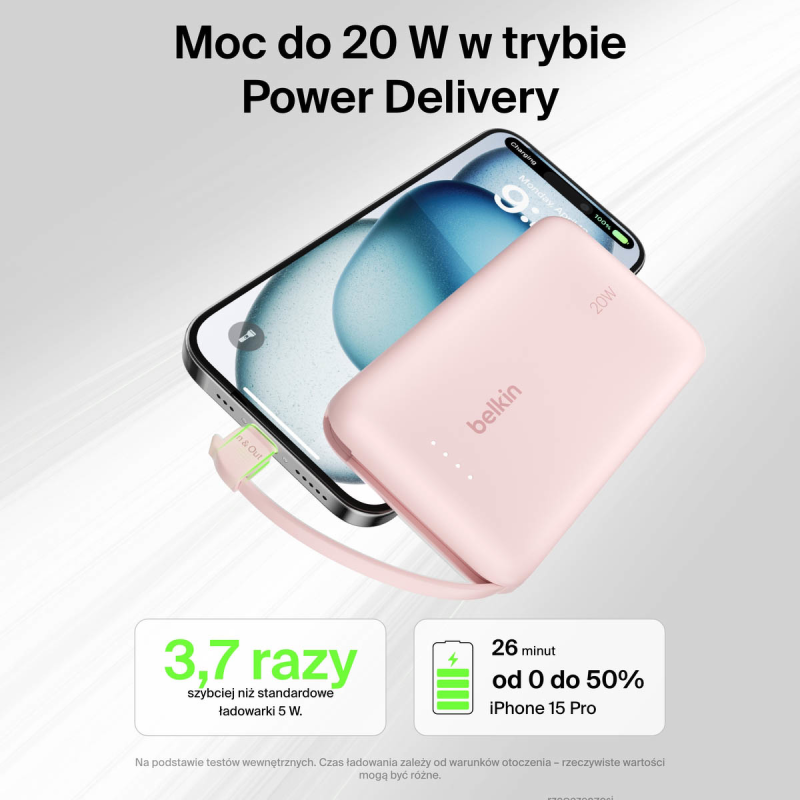 Belkin Powerbank 10 000 mAh, 20W, wbudowany kabel USB-C... | PartsPC.pl