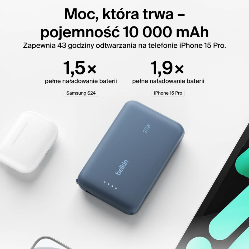 Belkin Powerbank 10 000 mAh, 20W, wbudowany kabel USB-C... | PartsPC.pl