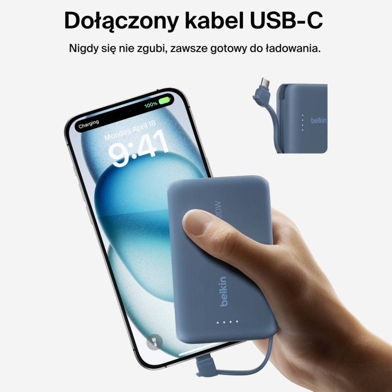 Belkin Powerbank 10 000 mAh, 20W, wbudowany kabel USB-C... | PartsPC.pl