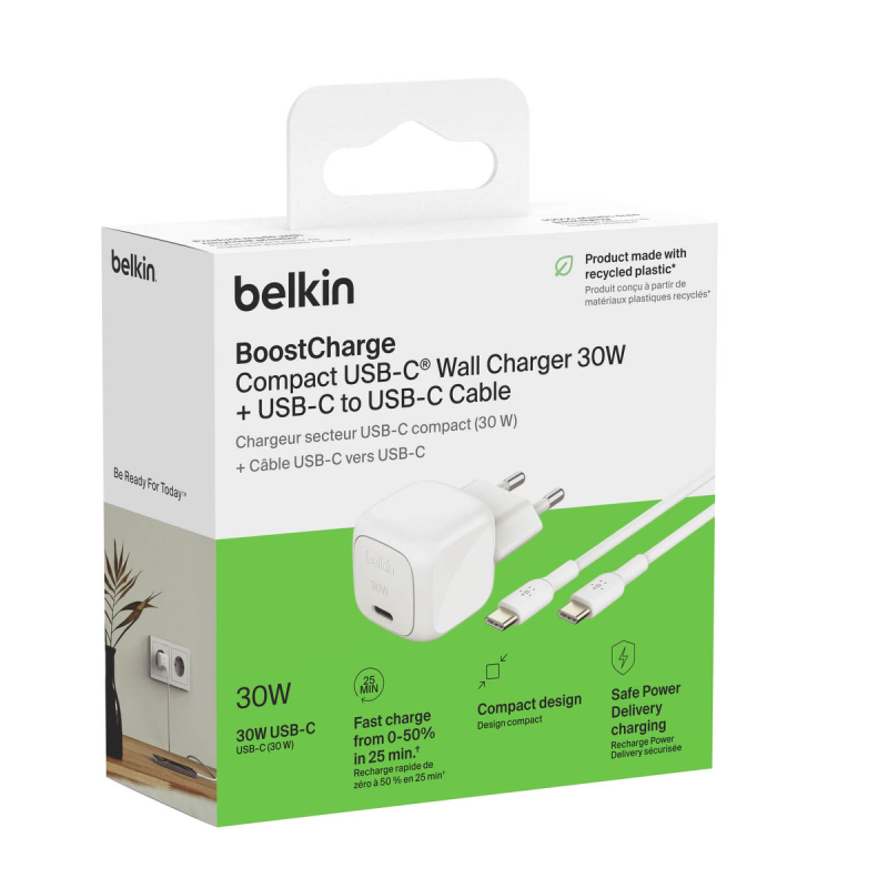 Belkin Ładowarka USB-C PD 30W, mała, biała + kabel USB-C | PartsPC.pl