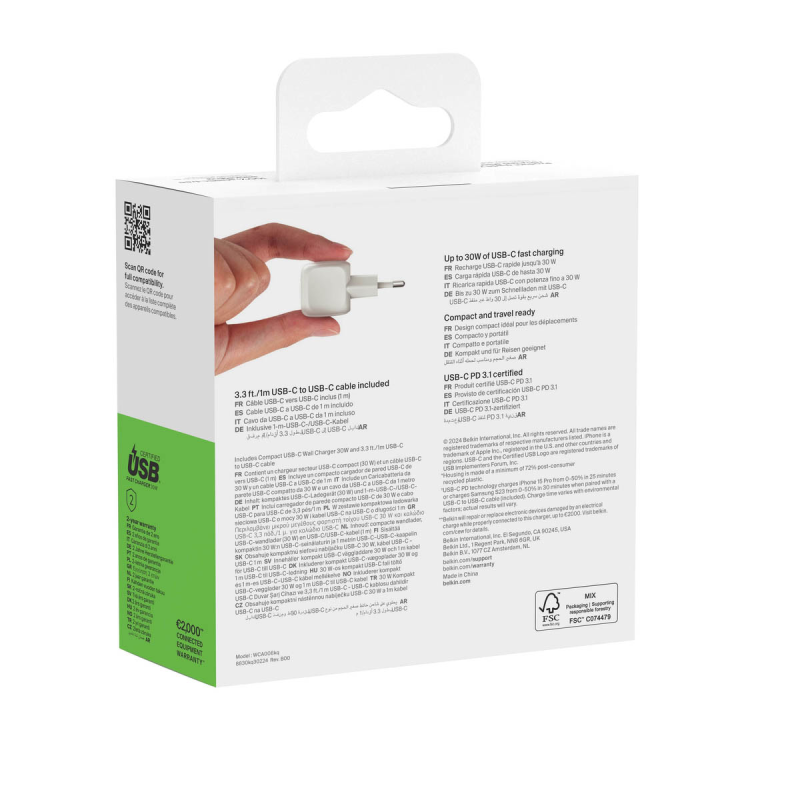 Belkin Ładowarka USB-C PD 30W, mała, biała + kabel USB-C | PartsPC.pl