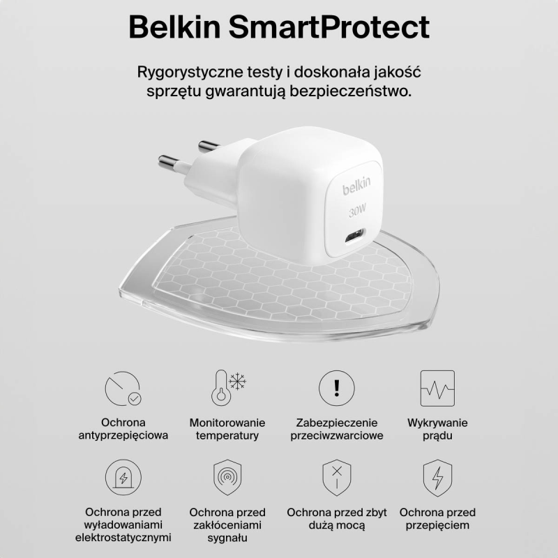 Belkin Ładowarka USB-C PD 30W, mała, biała + kabel USB-C | PartsPC.pl