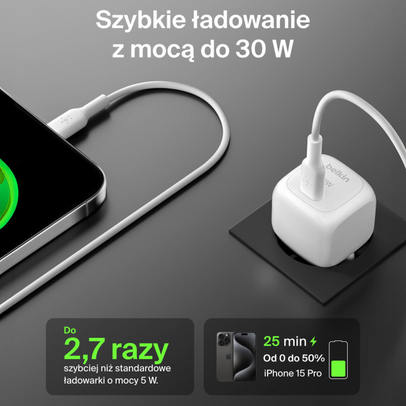 Belkin Ładowarka USB-C PD 30W, mała, biała + kabel... | PartsPC.pl
