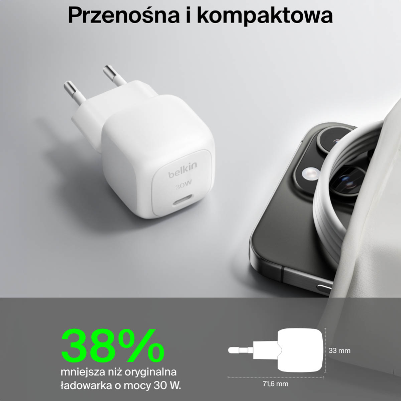Belkin Ładowarka USB-C PD 30W, mała, biała + kabel... | PartsPC.pl