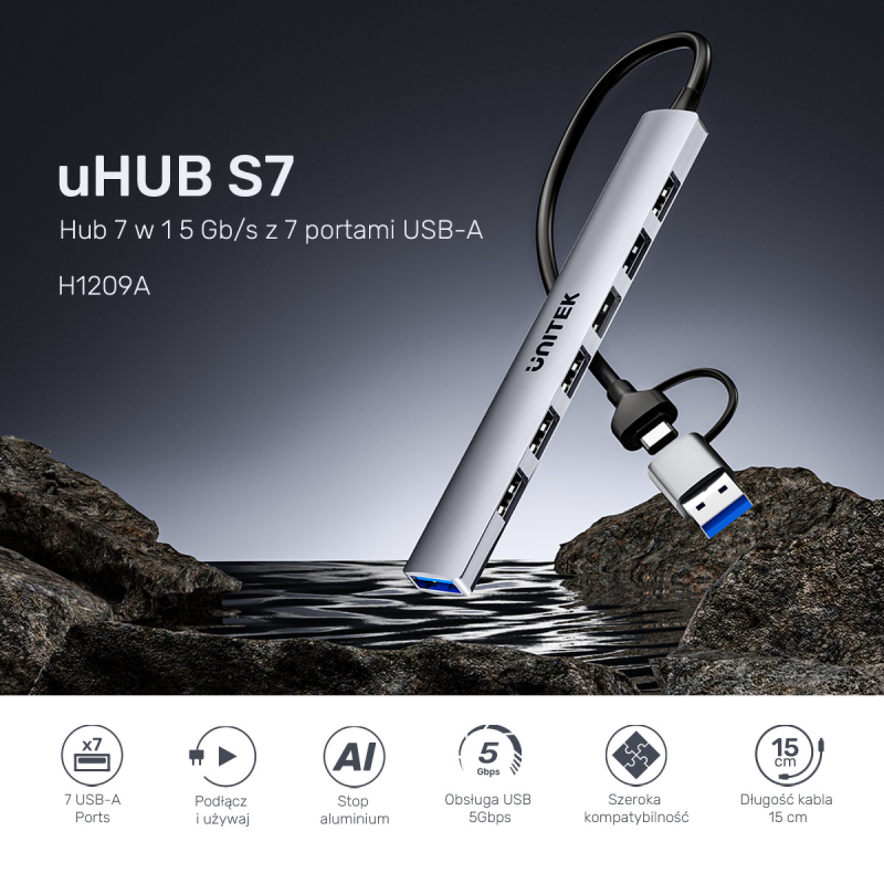 Unitek Hub USB-A/C 7w1 USB A z adapterem USB A 5 Gbps | PartsPC.pl