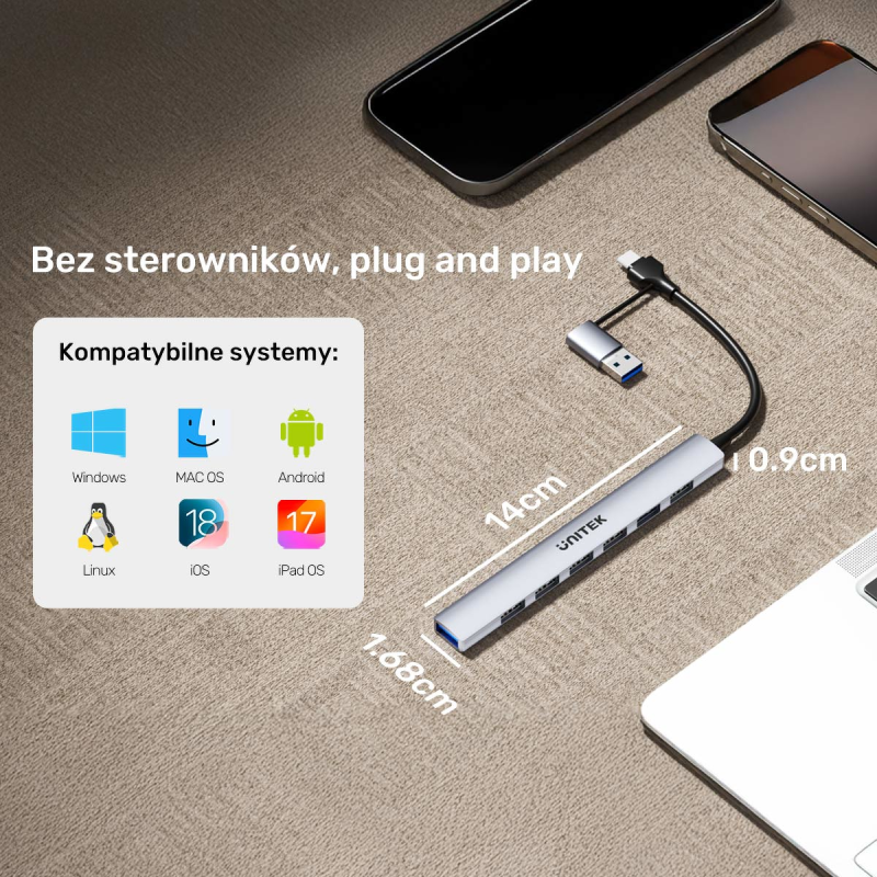 Unitek Hub USB-A/C 7w1 USB A z adapterem USB A 5 Gbps | PartsPC.pl