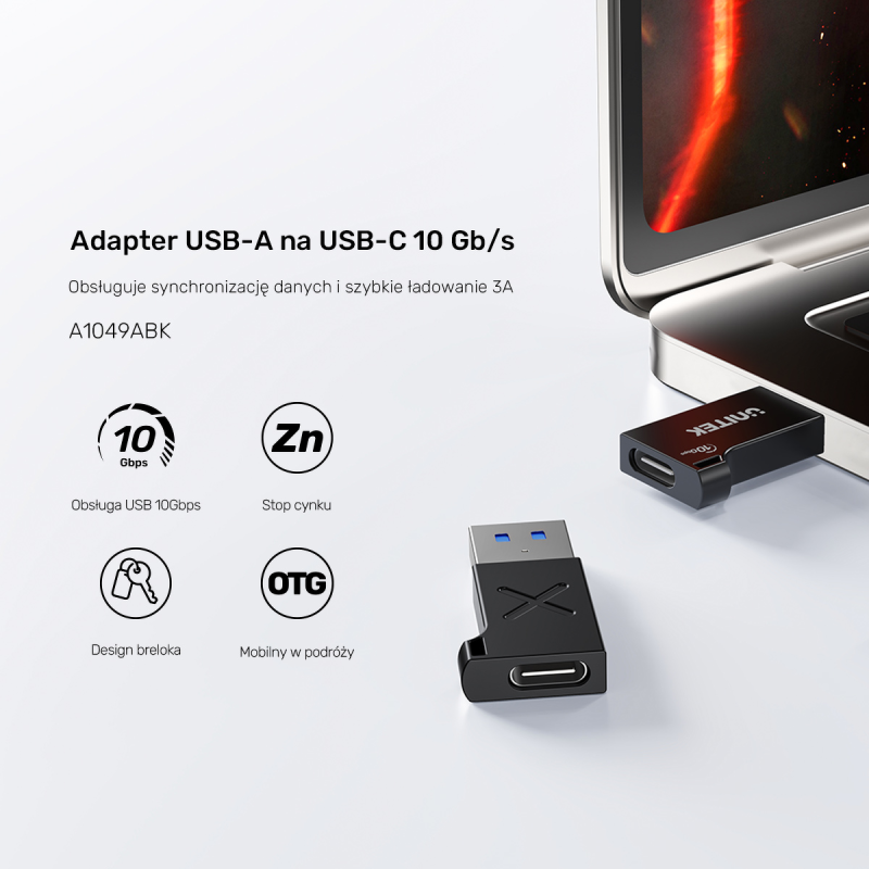 Unitek Adapter USB-A do USB-C 10Gbps czarny A1049ABK01 | PartsPC.pl