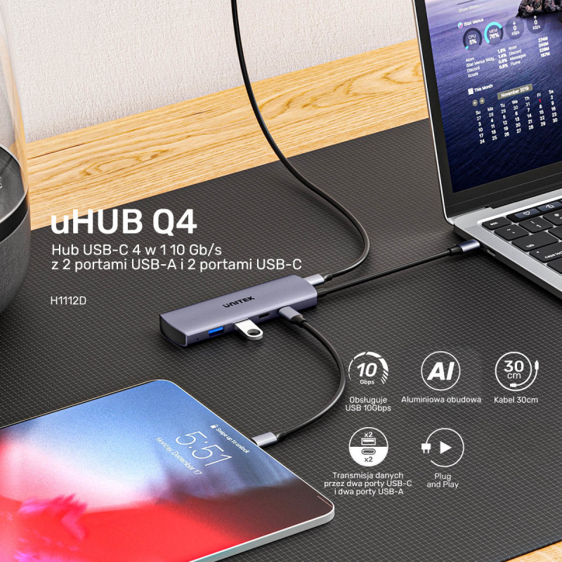 Unitek Hub 4w1 USB-C 10 Gbps, 2x USB-A i 2x USB-C... | PartsPC.pl