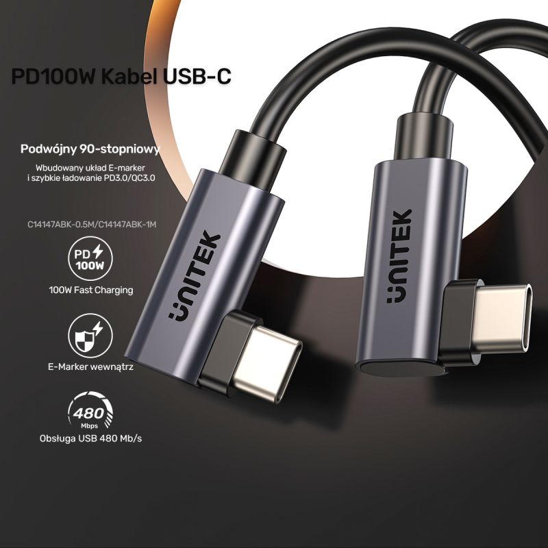 Unitek Kabel USB-C do USB-C, PD, 100W, 90 stopni, 1M | PartsPC.pl