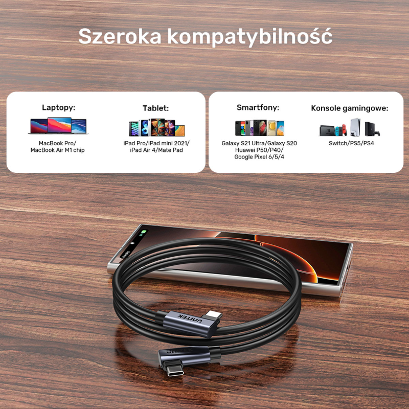 Unitek Kabel USB-C do USB-C, PD, 100W, 90 stopni, 0,5M | PartsPC.pl