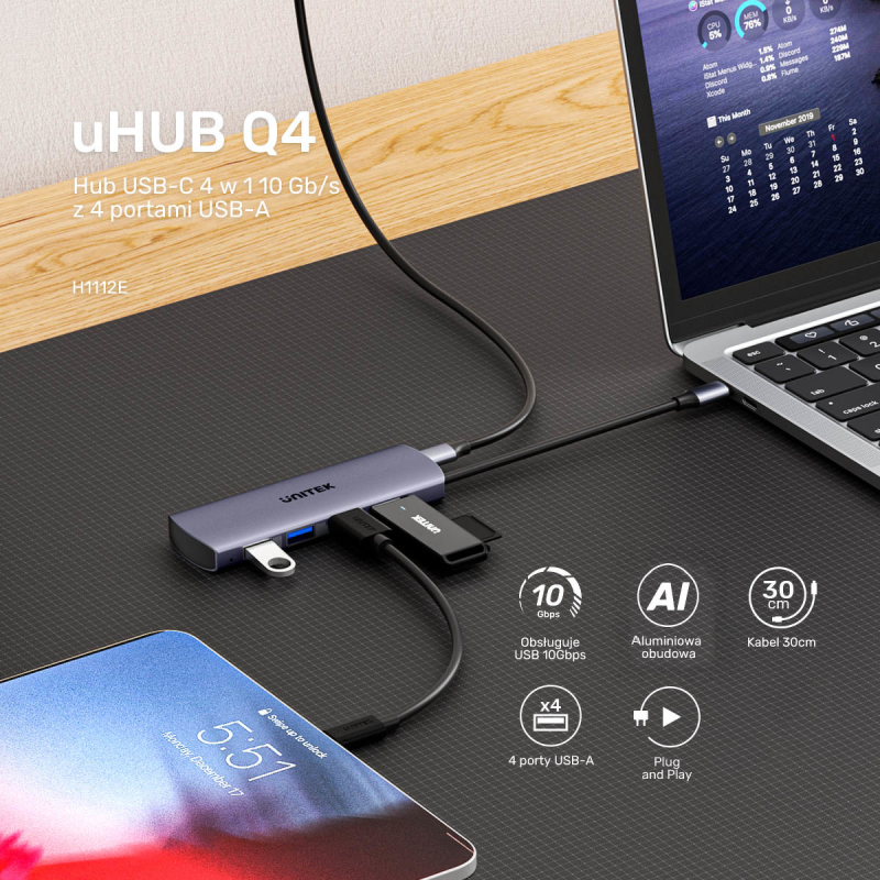 Unitek Hub 4w1 USB-C 10 Gbps, 4x USB-A H1112EGY01 | PartsPC.pl