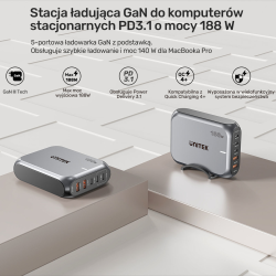Unitek Szybka ładowarka sieciowa 2xUSB-A 3xUSB-C GAN 188W | PartsPC.pl