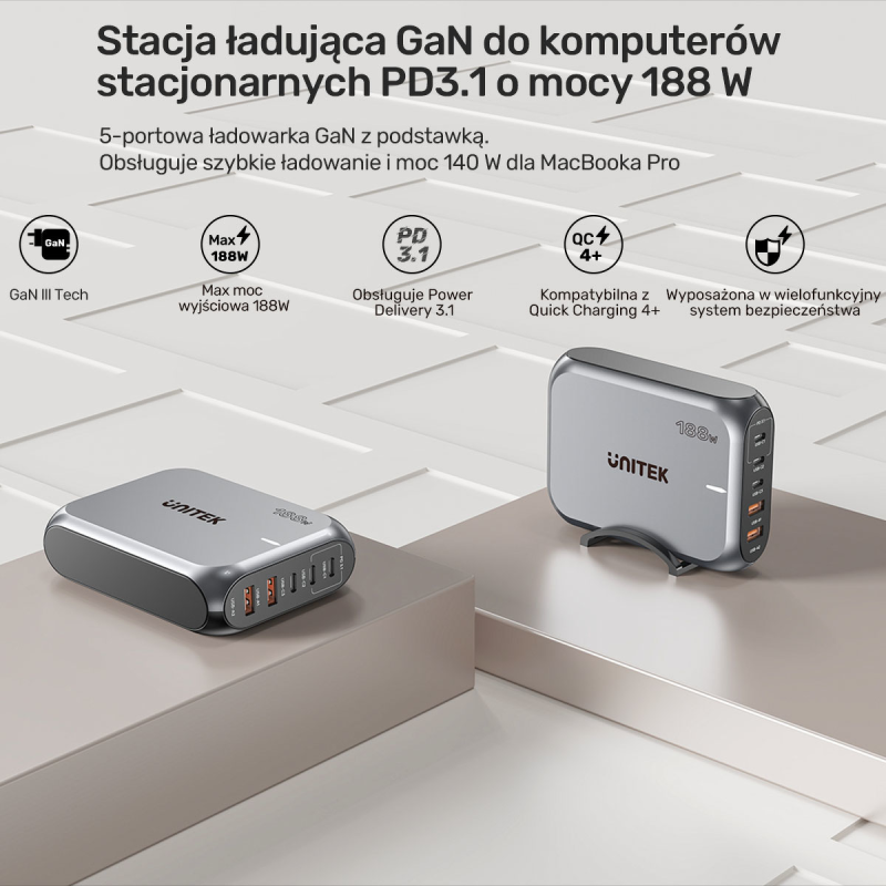 Unitek Szybka ładowarka sieciowa 2xUSB-A 3xUSB-C GAN 188W | PartsPC.pl
